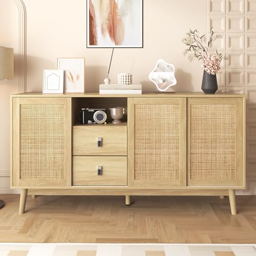 DACHETOU Sideboard 155x38x80 cm mit 3 Schiebetüren aus echtem Rattan und 2 Schubladen, atmungsaktiv, stabil, vielseitig von DACHETOU