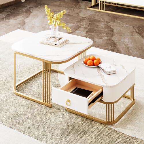 DACHETOU Stapelbarer Couchtisch: Goldene Akzente,Beistelltisch mit Schubladen,Zweiteiliges Set 60x60cm+50x50cm (Weiß+Gold) von DACHETOU