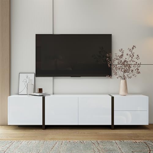 DACHETOU TV-Schrank Lowboard Weißer Hochglanzschrank Schwarz Abgesetzte Tischbeine Schlichte Schranktüren Schubladen von DACHETOU