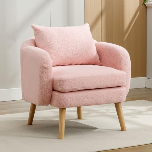 DACHETOU Teddy-Samt-Sessel Moderner Schlichter mit Kissen Extra Dicker einzelner Sofa-Sessel gepolsterter Freizeit-Stuhl Massivholz-Beinstuhl Rosa von DACHETOU