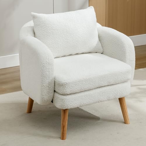 DACHETOU Teddy-Samt-Sessel Moderner Schlichter mit Kissen Extra Dicker einzelner Sofa-Sessel gepolsterter Freizeit-Stuhl Massivholz-Beinstuhl Weiß von DACHETOU