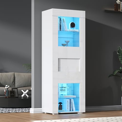 DACHETOU Vitrine Schrank mit Acryl Schranktür 60x40x170cm, Hochglanz Lagerschrank,2 Glasboden,Highboard, Wohnzimmerschrank,Aufbewahrungsschrank,Hochschrank,Sofaschrank,Weiß von DACHETOU