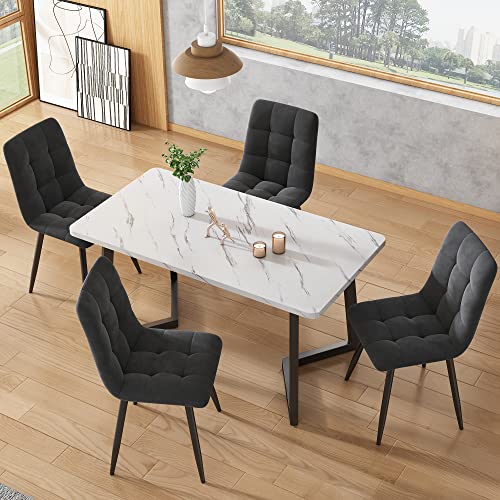Esstisch Set 117cm Rechteckiger Esstisch Moderner Küchentisch Esszimmerstuhl Dunkelgrau Samt Küchenstuhl,Schwarze Tischbeine 4 Stühle von DACHETOU