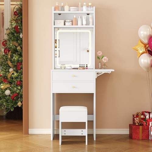 Kleiner Schminktisch 75×156×45 cm Verstellbarer inkl 1 Hocker, 2 Schubladen, Zwei offenen Fächern, Stauraum, 22cm klappbare Tischplatte, Weiß Kleiner Schminktisch 75×156×45 cm Verstellbarer inkl 1 Hocker, 2 Schubladen, Zwei offenen Fächern, Stauraum, 22cm klappbare Tischplatte, Weiß von DACHETOU