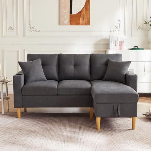 L-förmiges modernes Sofa,3-Sitzer-Sofa mit Chaiselongue,Stauraum,integriertem Getränkehalter,Wird mit 2 Kissen geliefert,geeignet für Wohnzimmer,Büro,Wohnung Dunkelgrau von DACHETOU