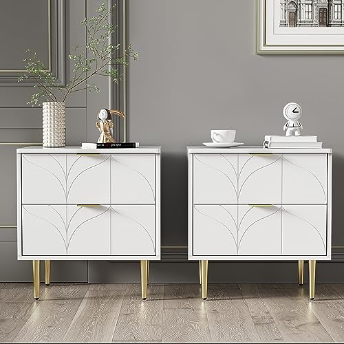 Moderner Nachttisch,mit vergoldeten Füßen und Knöpfen,florales Muster,2er-Set mit 2 Schubladen,lackiert,Ecken mit Anti-Bump-Design,40x54cm,Weiß von DACHETOU