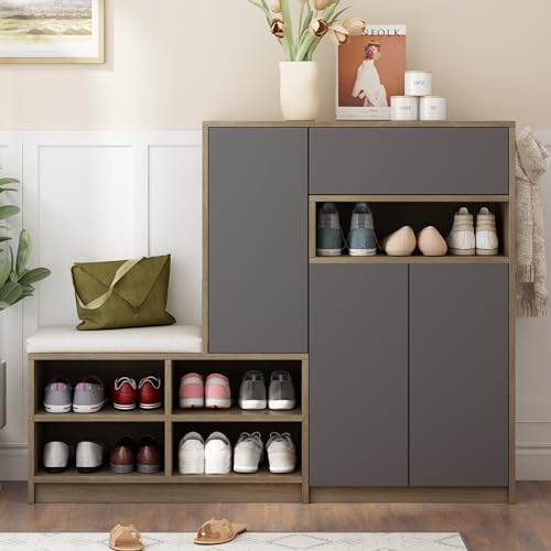 Schuhaufbewahrungsbank & Schuhschrank B140/T35/H110cm Schuhbank multifunktionales Schuhregal mit gepolstertem Sitz vielseitige Schuhaufbewahrungslösung mit verstellbaren Regalen für den Flur Grau Schuhaufbewahrungsbank & Schuhschrank B140/T35/H110cm Schuhbank multifunktionales Schuhregal mit gepolstertem Sitz vielseitige Schuhaufbewahrungslösung mit verstellbaren Regalen für den Flur Grau von DACHETOU