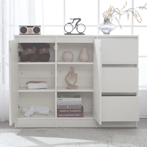 Sideboard Kommode 120x90x35cm Moderne Schuhschrank mit großem Stauraum,Zwei Türen und DREI Schubladen mit einem verstellbaren Regal für Esszimmer, Wohnzimmer oder Küche,Weiß Sideboard Kommode 120x90x35cm Moderne Schuhschrank mit großem Stauraum,Zwei Türen und DREI Schubladen mit einem verstellbaren Regal für Esszimmer, Wohnzimmer oder Küche,Weiß von DACHETOU