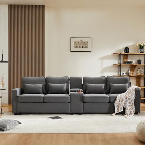 Sofa Modernes 4-Sitzer Leinenstoff Konsole 2 Getränkehaltern Armlehnentaschen 4 Kissen Einfaches Sofa Wohnzimmer Wohnung Büro Dunkelgrau von DACHETOU