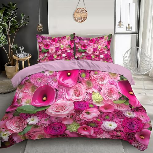 Bettwäsche 135×200 cm Blumen Und Pflanzen Bettbezug 3 teilig Aesthetic Rosa Rose Weich Microfaser Deckenbezug mit Reißverschluss und Kissenbezug 80x80cm von DACRWEKZ
