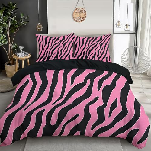 Bettwäsche Set 135 x 200 cm mit 1 Kissenbezügen 80x80 cm - Rosa Zebra-Print Einfache Streifen - Bettwäsche Einzelbett aus 100% Mikrofaser von DACRWEKZ