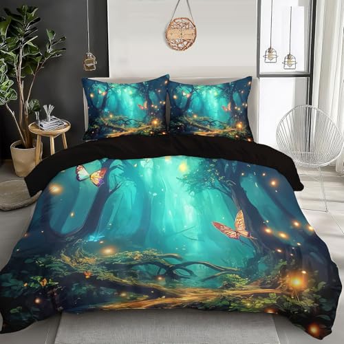 Bettwäsche Set 135 x 200 cm mit 1 Kissenbezügen 80x80 cm - Zauberwald Glühwürmchen-Schmetterling - Bettwäsche Einzelbett aus 100% Mikrofaser von DACRWEKZ