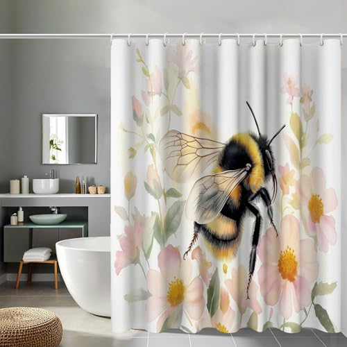 DACRWEKZ Duschvorhang Aquarellillustration Duschvorhänge Blumen Biene Anti-Schimmel Wasserdicht Polyester Stoff Waschbar Bad Vorhäng für Badzimmer mit Haken für Badewanne 200×120 cm von DACRWEKZ