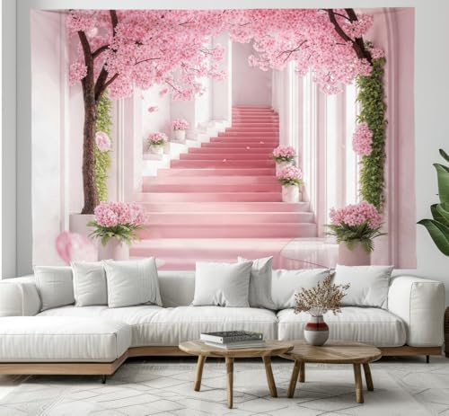 DACRWEKZ Wandteppiche 130x150cm, Bäume in gestuften Blumentöpfen Wandbehänge, Fantasy-Thema Picknickdecke, Schal, psychedelische Yoga-Deko, große Tischdecke, Rosa von DACRWEKZ