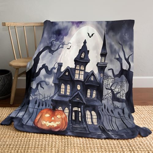 Flanell Decke 130 x 150cm, Dunkler College-Stil Druck Kuscheldecke, Kinderdecke mit Spukkürbis, Sofa Überwurf hellgrau von DACRWEKZ