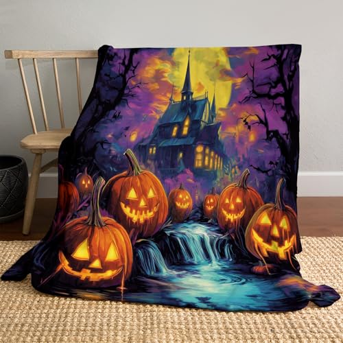 Flanell Decke 150 x 200cm, Dunkle Fantasie Druck Kuscheldecke, Kinderdecke mit Spukkürbisbeet, Sofa Überwurf orange Farbe von DACRWEKZ