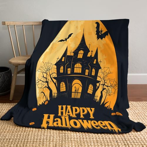 Flanell Decke 150 x 200cm, Halloweens-Thema Druck Kuscheldecke, Kinderdecke mit Burgfledermäuse, Sofa Überwurf Gelb von DACRWEKZ