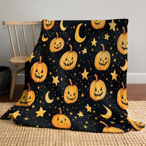 Flanell Decke 200 x 200cm, Halloweens-Thema Druck Kuscheldecke, Kinderdecke mit Kürbissterne und Mond, Sofa Überwurf Gelb von DACRWEKZ