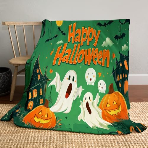Flanell Decke 220 x 240cm, süßer Cartoon Druck Kuscheldecke, Kinderdecke mit Geisterkürbistext, Sofa Überwurf Grün von DACRWEKZ