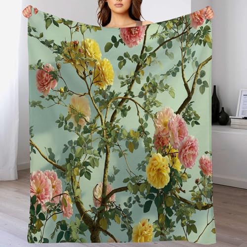 Flanell Kuscheldecke150 x 200cm, 3D Druck Weiche Flauschige Sofa Bettdecke, Warme Wohndecke für Erwachsene und KinderPflanzen und Blumen Rosen, Zweige gelbgrün von DACRWEKZ
