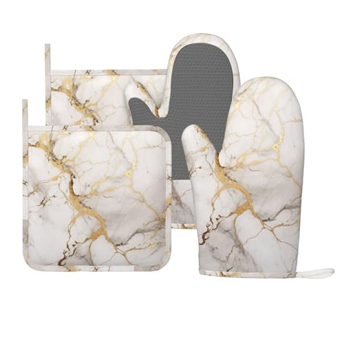 Ofenhandschuhe und Topflappen, Marmor, Grau, Gold, Weiß, Silikon, Küchenzubehör, Set mit 4 hitzebeständigen langen Handschuhen, Topflappen, rutschfester Griff für Koch, Kochen, Backen, Grillen, BBQ Ofenhandschuhe und Topflappen, Marmor, Grau, Gold, Weiß, Silikon, Küchenzubehör, Set mit 4 hitzebeständigen langen Handschuhen, Topflappen, rutschfester Griff für Koch, Kochen, Backen, Grillen, BBQ von DADABULIU