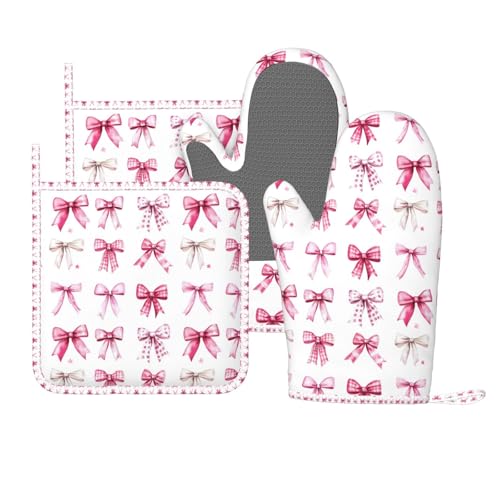 Ofenhandschuhe und Topflappen, Schleifenmuster, Rosa, Aquarell-Silikon-Küchenzubehör, Set mit 4 hitzebeständigen langen Handschuhen, Topflappen, rutschfester Griff für Koch, Kochen, Backen, Grillen, Ofenhandschuhe und Topflappen, Schleifenmuster, Rosa, Aquarell-Silikon-Küchenzubehör, Set mit 4 hitzebeständigen langen Handschuhen, Topflappen, rutschfester Griff für Koch, Kochen, Backen, Grillen, von DADABULIU