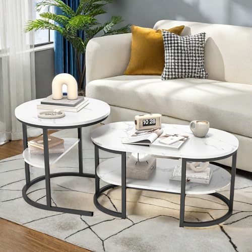 DADEA Nesting Couchtisch 2er Set, Elipse Tisch und runder Tisch, moderner Couchtisch, stapelbar, Nisttische mit stabilem Metallrahmen und Marmormuster für Heimdekoration (Schwarz Oval) von DADEA
