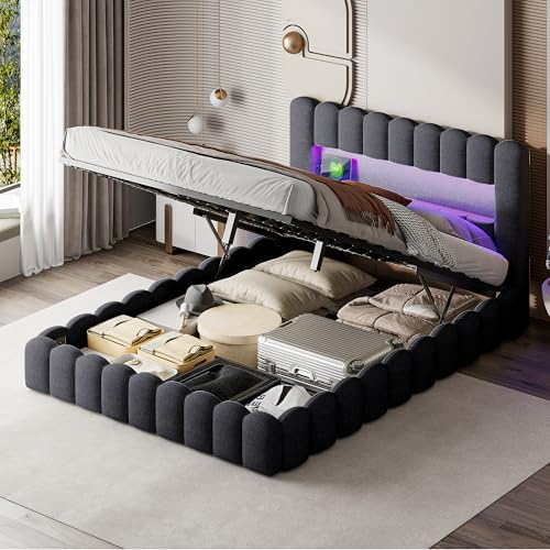 DADEA Polsterbett, 140 x 200 cm, Grau, Bettkasten 140 x 200 cm, mit LED und USB, Doppelbett mit Kopfteil, für Erwachsene, 140 x 200 cm, mit USB LED, gepolstertes Bett, Bettgestell mit Doppel-LED von DADEA