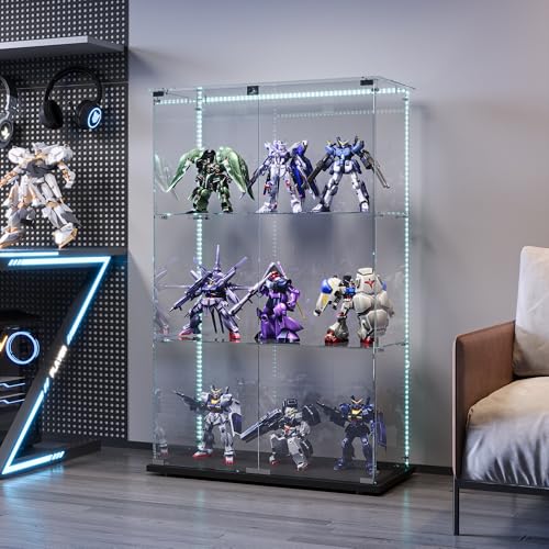 DADEA Vitrine aus Glas mit 3 Ebenen 2 Türen, Glasvitrinen mit Schloss und 6 Rollen, 35 x 78,5 x 123,3 cm, Glasvitrine mit LED Vitrine Wohnzimmer transparent von DADEA