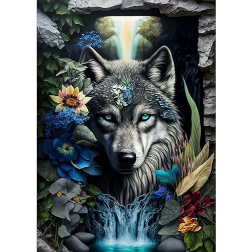 DAERLE 5D Diamant Painting Bilder Wolf und Blumen, Diamond Painting Wasserfall Blume, Diamond Painting Set für Wohnzimmer Schlafzimmer Büro Wand Dekoration 30x40cm von DAERLE