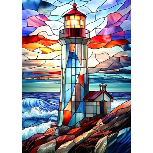 DAERLE DIY Diamond Painting Buntglas-Leuchtturm, Diamond Painting Erwachsene Meereswellen, 5D Diamant Painting Bilder, Mosaikherstellung Bastelset für Haus Wanddeko 30x40cm von DAERLE