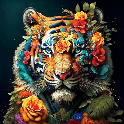 DAERLE Diamond Painting Blume Tiger, 5D Diamant Painting Bilder Tier, Diamant Malerei Cross Stitch Stickerei Kunsthandwerk Set für Erwachsene, Wanddekorationen für Zuhause 30x30cm von DAERLE