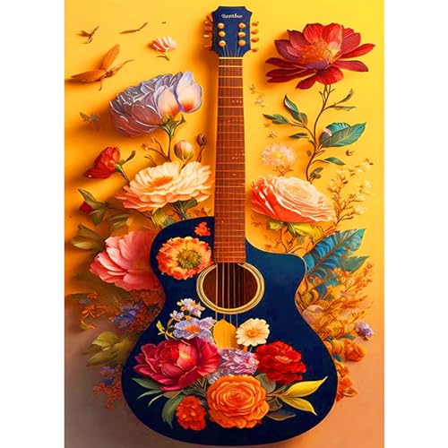 DAERLE Diamond Painting Bunte Blumen Gitarre, Diamond Painting Zubehör, 5D Diamond Painting Erwachsene, Diamond Painting Set Full Drill Geschenk für Home Wall Décor 30x40cm von DAERLE