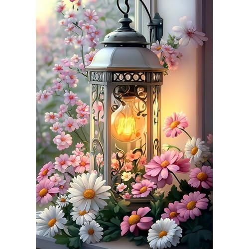 DAERLE Diamond Painting Erwachsene, Laterne mit Blumen, 5D DIY Diamant Painting Bilder Blumenlaterne, Diamant Malerei Diamond Painting Runde Steine für Zuhause Dekor 30x40 cm von DAERLE