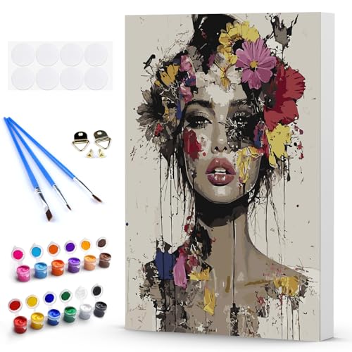 DAERLE Malen Nach Zahlen Erwachsene mit Rahmen, Attraktive Frau mit Blumen, Paint by Numbers Aquarellspritzer, DIY Handgemalt Ölgemälde Kit mit Pinseln und Acrylfarben für Home Decor 30x40cm von DAERLE