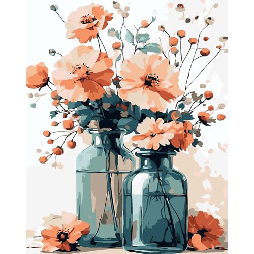 DAERLE Malen nach Zahlen Erwachsene, Blumenvasen, Malen nach Zahlen Orangefarbene Blumen, DIY Handgemalt Ölgemälde Kit Paint by Numbers Adult Mit 3 Pinseln und Acrylfarbe Kit 30x40cm (Ohne Rahmen) von DAERLE