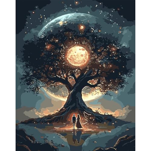 DAERLE Malen nach Zahlen Erwachsene, Fantasiebaum, Malen nach Zahlen Sternennacht Lebensbaum, DIY Handgemalt Ölgemälde Kit Paint by Numbers Adult Mit 3 Pinseln und Acrylfarbe Kit 30x40cm (Ohne Rahmen) von DAERLE