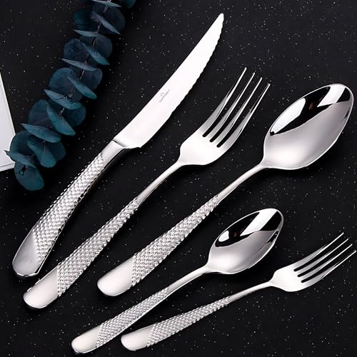 DAFFODILY® Luxus Besteck Set 30-teilig aus 18/10-Edelstahl für 6 Personen mit 2-in-1 Steakmessern - Spülmaschinenfest, Spiegelglanz, Elegante Geschenkbox - Besteckkasten für Schubladen (Silber) von DAFFODILY Spirit of luxury