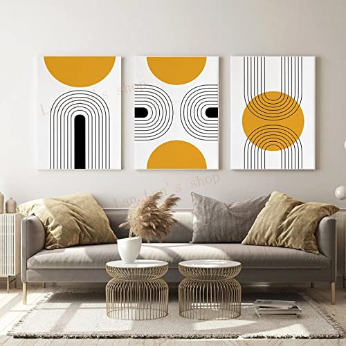 DAFLER 3 Stück Kunstdrucke Wohnzimmer Galerie Wanddekoration Mid-Century Modern Leinwand Gemälde Bild Senfgelb Geometrisches Poster 50x70cmx3 rahmenlos von DAFLER