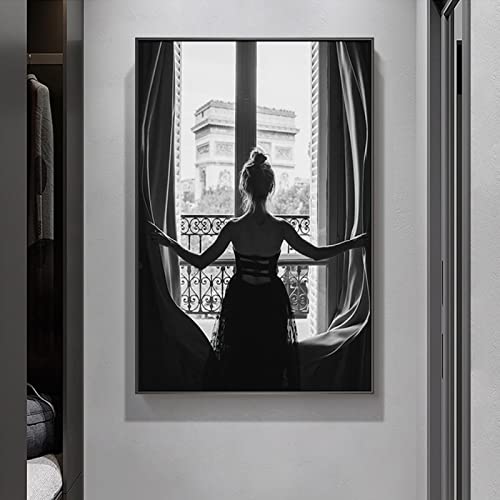 DAFLER Morgen in Paris Mädchen am Fenster Poster Schwarz-Weiß-Leinwandbild Ballerina Wandkunstdrucke Bilder Moderne Wohnkultur 40 x 60 cm Rahmenlos von DAFLER