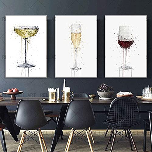 Modernes abstraktes Champagnerglas-Leinwandgemälde, Wandkunst, Weinglas, Poster und Drucke für Wohnzimmer, Küche, Dekoration, 60 x 90 cm x 3 Rahmenlos von DAFLER