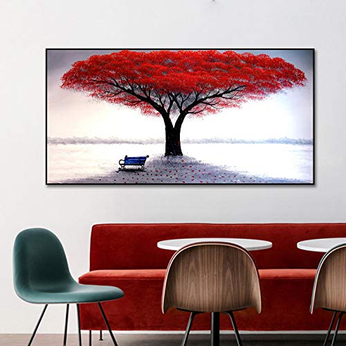Nordic Romantische Roter Baum Landschaft Moderne Kunst Abstrakte Leinwand Malerei Poster Wandkunst Bild für Wohnzimmer Dekor 50x100 cm Rahmenlos von DAFLER