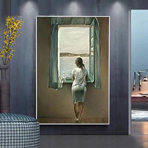 Salvador Dali Frau am Fenster, Leinwandgemälde mit Rahmen, Poster und Drucke, Wandkunst, Bilder für Wohnzimmerdekoration, 50 x 90 cm Rahmen von DAFLER