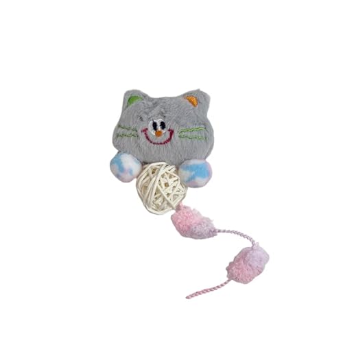 DAFORERAL Plüsch-Katzenspielzeug mit Rattan-Glockenball und Knisterpapier, interaktives Kick- und Beißspielzeug für Selbstspiel und geistige Stimulation, entzückendes Tierkopf-Design (Grau) von DAFORERAL