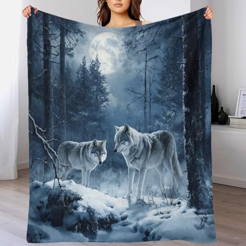 DAFUfbw Flanneln Grau Wolf Kuscheldecke 60x80inch(150x200cm) Decke Microfaser Wohndecke Tagesdecke Fleece Weich Sanft Kuschelig Vollmond Stil Throw Blanket von DAFUfbw