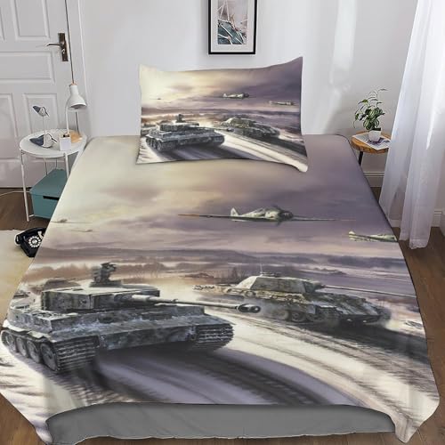 DAFUfbw WW2 Panther Panzer Bettwäsche Set Single（135x200cm）, Tiger I Bettbezug Mit Kissenbezüge: 80 X 80cm, 3D Tiger I Muster Bed Sets von DAFUfbw