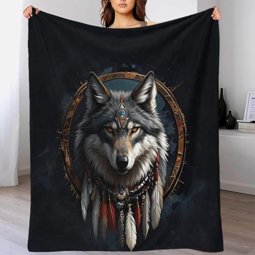 Flauschig Grau Wolf Fleecedecke 60x80inch(150x200cm) - Kuscheldecke Mikrofaser 100% Polyester 340gsm - Decke Sofa Mit Dreamcatcher Muster Und Weicher Haptik von DAFUfbw