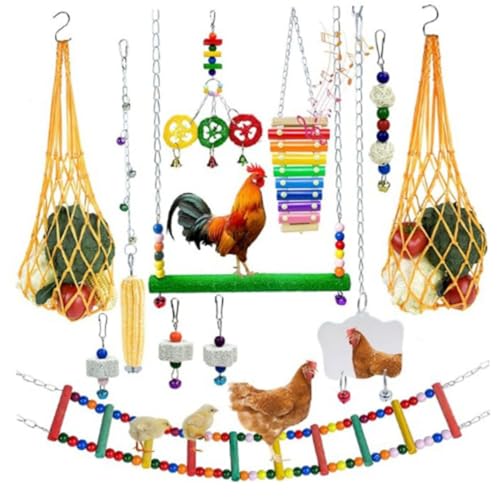 Hühnerspielzeug für den Hühnerstall, 1 Set, buntes, längeres Kettenspielzeug zur Hühnerbeschäftigung mit Xylophon, Schaukel, flexibler Leiter, Einkaufsnetz, Gemüse- und Obstspieß, Spiegel, Schlei von DAGLLGEW
