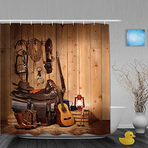 DAHALLAR Duschvorhang,Western Decor,American Texas Style Country Musik Gitarre Cowboystiefel USA Volkskultur,personalisierte Deko Badezimmer Vorhang,mit Haken,180 * 180 von DAHALLAR