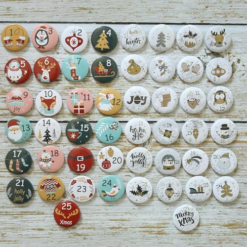 DAHI 2sets Adventskalender Zahlen Buttons Nummer 1-25 zum Weihnachtskalender selber basteln für Jutesäckchen, Anstecker Nadeln (buntgold) von DAHI